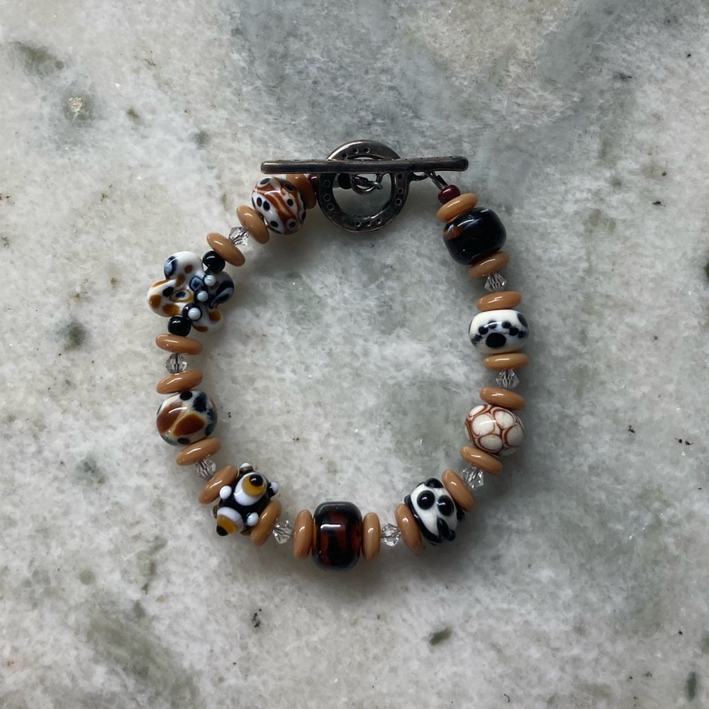 Handmade Artisan Black/White/Brown Glass Beaded Bracelet